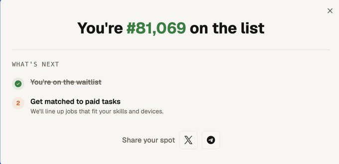 A waitlist confirmation screen showing 'You're #81,069 on the list' with status 'You're on the waitlist' and next step to get matched to paid tasks.