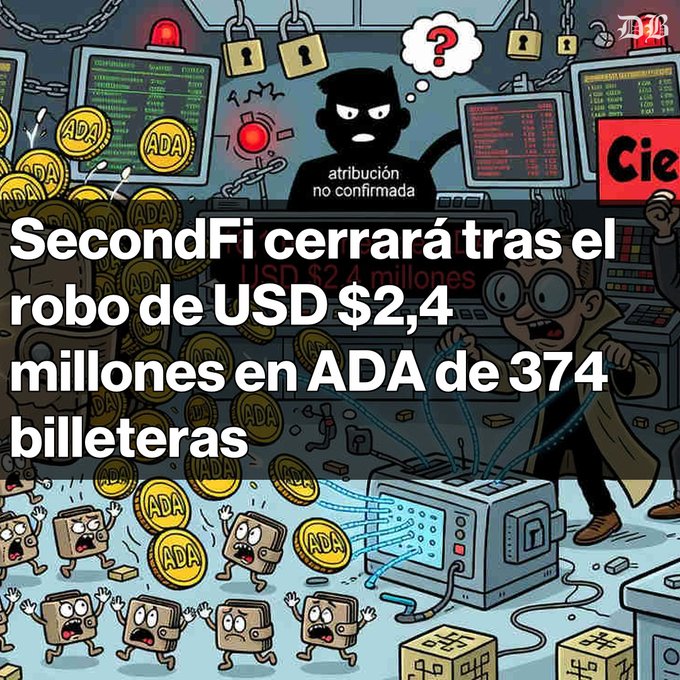 A cartoon illustration depicting a hacker scene with the Spanish headline 'SecondFi cerrará tras el robo de USD $2,4 millones en ADA de 374 billeteras', showing stolen ADA coins and the text 'atribución no confirmada'.