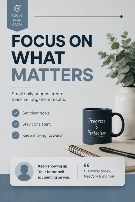 A motivational poster titled 'FOCUS ON WHAT MATTERS' featuring a black mug that reads 'Progress > Perfection' alongside a checklist: Set clear goals, Stay consistent, Keep moving forward, with the tagline 'Discipline today, freedom tomorrow.'