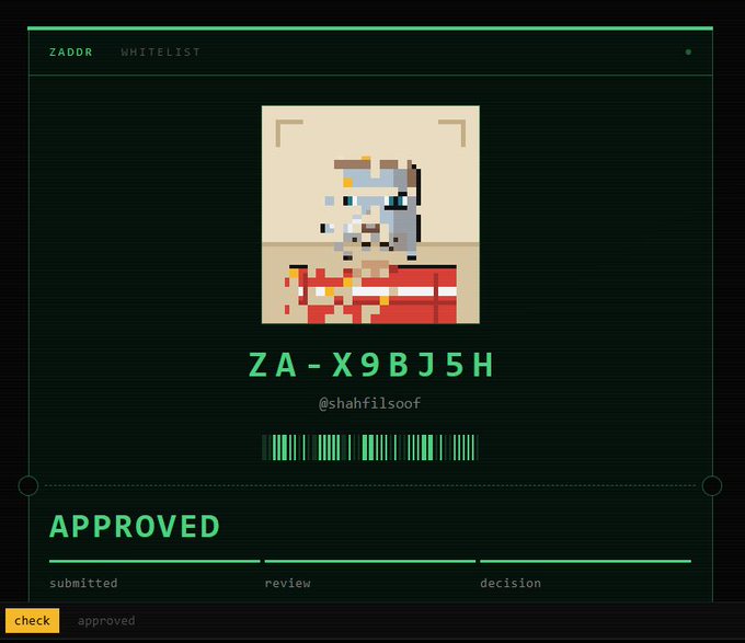 A digital 'ZADOR WHITELIST' certificate showing pixel art character approved, with the ID 'ZA-X9BJ5H' and username '@shahfilsoof'.