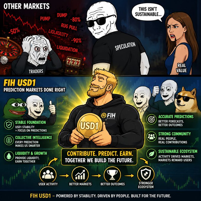 The image features an animated graphic with various cartoon faces and characters representing different elements of a prediction market called "FIH-USD1", which stands for Forex trading. This market enables users to predict exchange rate trends, making them valuable contributors to collective intelligence in financial markets. The text accompanying the illustration says: "Good evening fam @FIH-USD1 is proving that prediction markets can be more than just gambling— they can become a genuine engine for collective intelligence". The main focus of this image is likely the comparison and explanation between predicting exchange rates, as depicted by the cartoon faces, and participating in Forex trading.