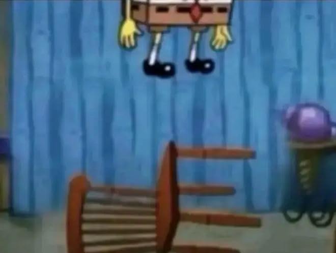 An animated scene showing the bottom half of a cartoon character floating in the air above an overturned wooden chair in a room with blue striped walls.