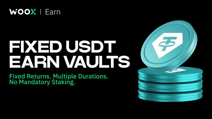 The image is a promotional graphic for WOO X's Fixed USDT Earn Vaults, featuring the WOO X | Earn logo, bold text reading "FIXED USDT EARN VAULTS" with the tagline "Fixed Returns. Multiple Durations. No Mandatory Staking," alongside a 3D rendering of stacked teal USDT coins. It visually reinforces the post's message of offering up to 8% APR predictable returns on idle stablecoins without staking requirements, directing viewers to woox.io/staking/earn.