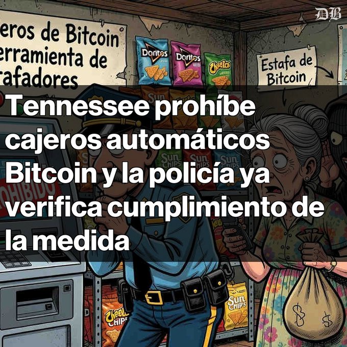 A cartoon-style illustration showing a police officer inspecting a Bitcoin ATM next to an elderly woman holding a money bag, with overlaid Spanish text reading 'Tennessee prohíbe cajeros automáticos Bitcoin y la policía ya verifica cumplimiento de la medida'.