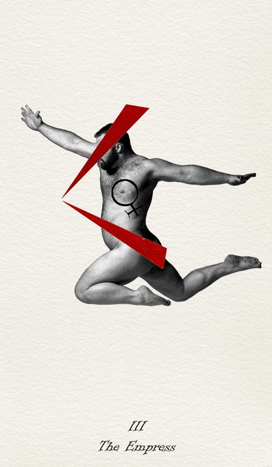 A black-and-white artistic collage of a leaping classical statue overlaid with a red lightning bolt graphic and a small female gender symbol, labeled 'III The Empress' at the bottom.