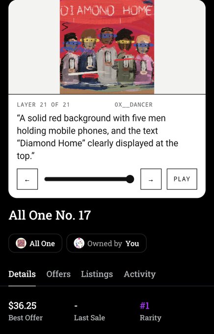 An NFT listing page for 'All One No. 17', a pixel-art piece depicting five men holding mobile phones against a red background with the text 'Diamond Home', priced at $36.25 best offer with rarity rank #1.