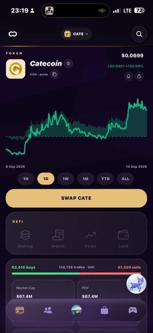 Mobile screenshot of a crypto token page for 'Catecoin' (CATE) showing a price of $0.06999, a green upward price chart, and a 134.09% increase.