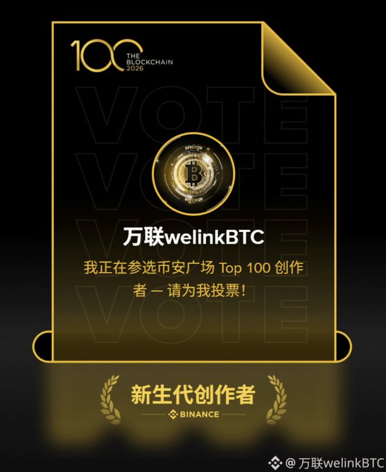 A black and gold promotional poster for a Binance event displays a Bitcoin coin emblem and 'THE BLOCKCHAIN 100 2026' logo at the top, with Chinese text reading '万联welinkBTC' and '我正在参选币安广场 Top 100 创作者 – 请为我投票!' along with the Binance logo.