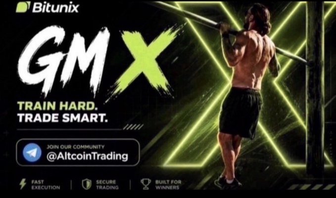 A Bitunix advertisement featuring a muscular man pulling himself up on a bar against a neon green 'X' background, with the text 'GMX: Train Hard. Trade Smart' and Telegram handle '@AltcoinTrading'. Features listed include Fast Execution, Secure Trading, and Built for Winners.