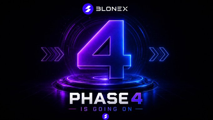 A futuristic digital graphic with a glowing purple neon number '4' on a pedestal, the 'BLONEX' logo at the top, and text reading 'PHASE 4 IS GOING ON'.