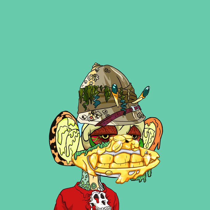 A surreal digital illustration of a grotesque turtle-like creature with golden shell fragments, a military helmet adorned with moss and badges, and a red t-shirt featuring a skull graphic.