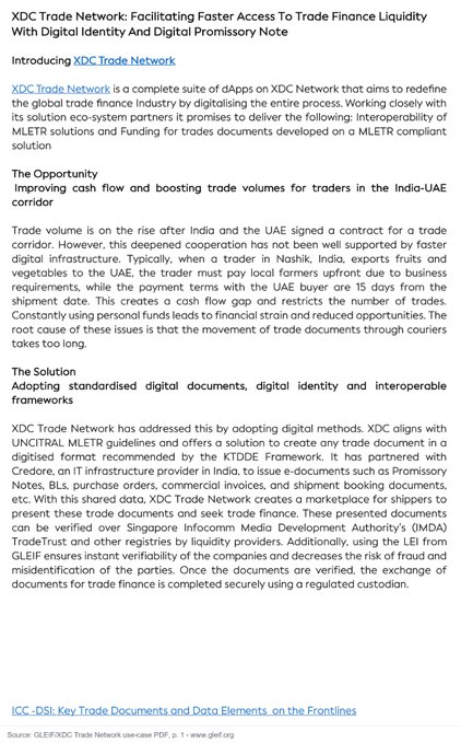 A document titled 'XDC Trade Network: Facilitating Faster Access To Trade Finance Liquidity With Digital Identity And Digital Promissory Note' detailing a blockchain solution for trade finance between India and UAE.