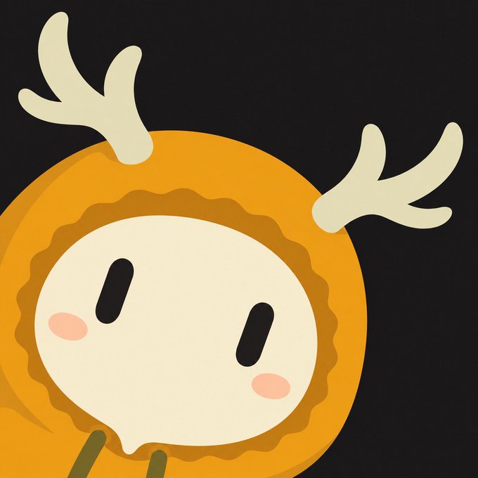 A cartoon illustration features a round, orange character with a cream-colored face, pink blushing cheeks, dark oval eyes, and cream-colored antlers against a black background.