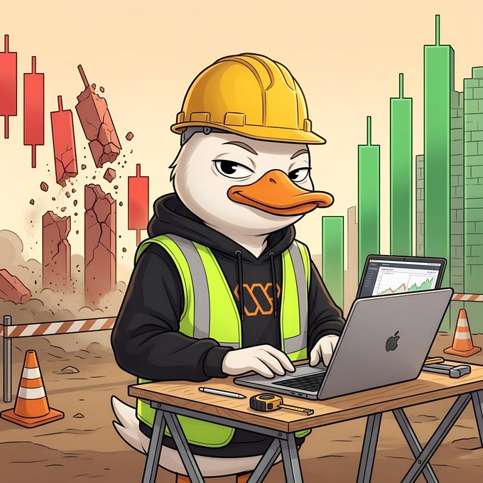The image features a cartoon duck wearing a hard hat and a safety vest while sitting at a desk with an open laptop computer. The duck appears to be working or studying, possibly as part of a construction project. The scene includes various elements such as buildings, trees, and other objects that contribute to the overall atmosphere of a construction site.