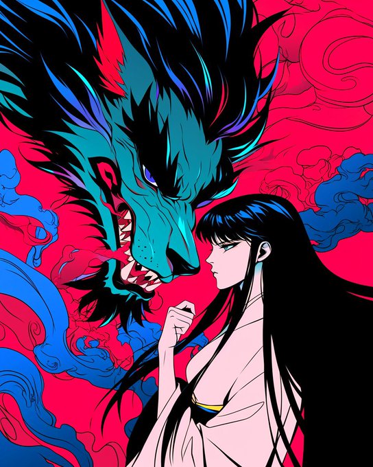 Vibrant anime-style illustration featuring a woman with long black hair facing a fierce teal and blue wolf-like creature against a bright pink background with swirling blue clouds.