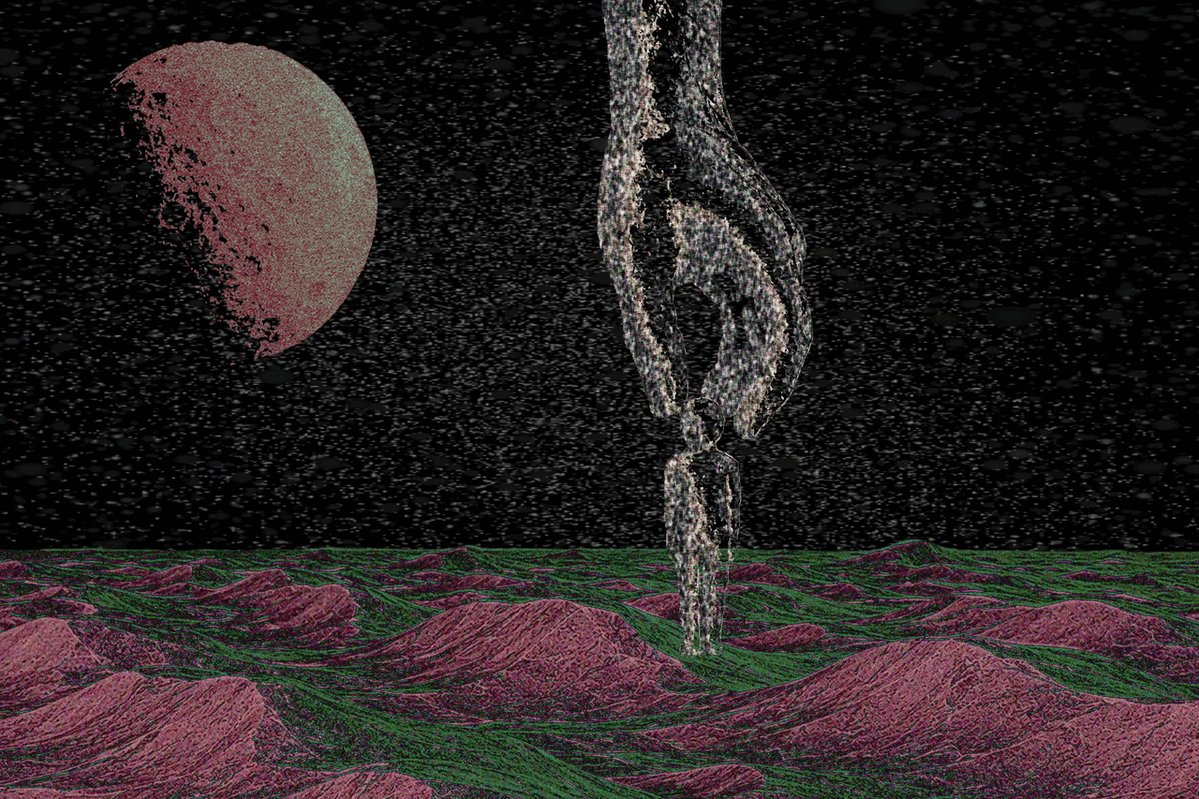 The image features a digital art piece with a large, abstract painting of a mountain landscape at the bottom right corner. The sky above the mountains has a pinkish hue, giving the scene an ethereal appearance. In the top left corner, there is a depiction of a moon and a planet, adding to the celestial theme. The image also contains text that reads "Gm guys! my available artworks on @objktcom ”Don't let me fall” 7/7ED OE 8.28 XTZ OE 5 XTZ only 4 days left". This text seems to be related to a post or social media account, possibly discussing the artwork or providing information about it.
