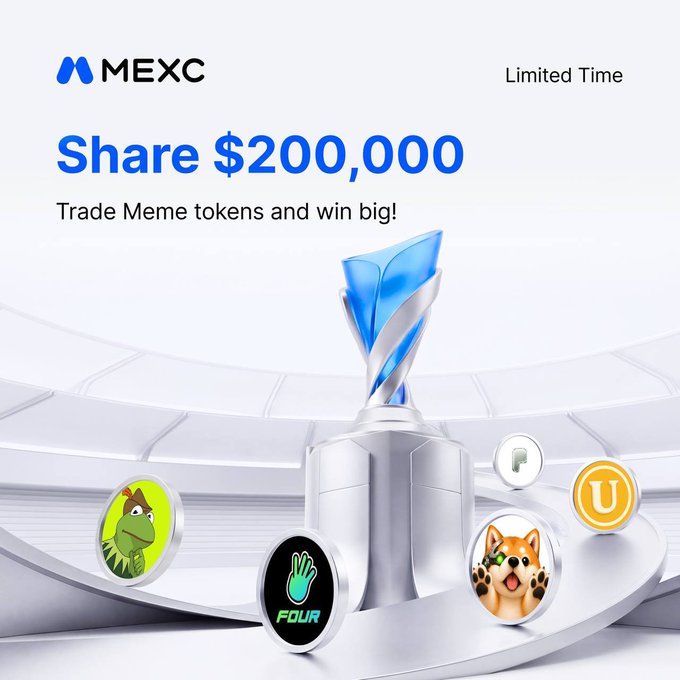 MEXC exchange promotional banner advertising 'Share $200,000 - Trade Meme tokens and win big!' as a limited time campaign, featuring meme coin logos like Pepe, FOUR, Popcat, and Unibot.