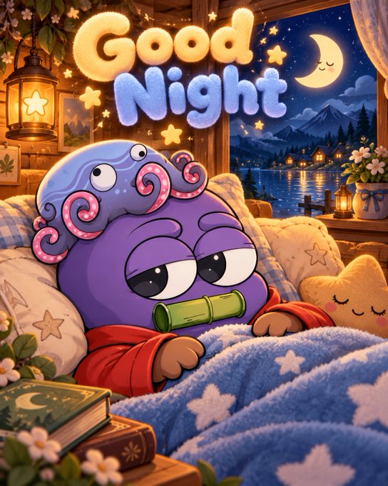 A colorful cartoon illustration features a purple creature with an octopus on its head sleeping in bed with bamboo in its mouth, under a 'Good Night' text and a crescent moon.