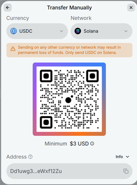 A "Transfer Manually" interface for sending USDC on the Solana network, displaying a QR code and the address "Dd1uwg3...eWxf12Zu" with a $3 USD minimum deposit requirement. The image supports the user's complaint about receiving different deposit addresses each time they open the World app, raising concerns about potential permanent loss of funds if sent to the wrong address.