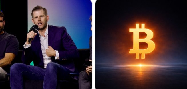 The image shows Eric Trump speaking into a microphone at what appears to be a panel event, paired with a glowing orange Bitcoin (₿) symbol, visually reinforcing his statement about his long-term commitment to riding BTC and his strong belief in the cryptocurrency.
