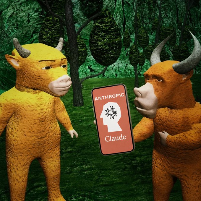 A surreal 3D-rendered image of two furry horned creatures (one yellow, one brown) in a forest setting, with one holding a phone displaying 'ANTHROPIC Claude'.