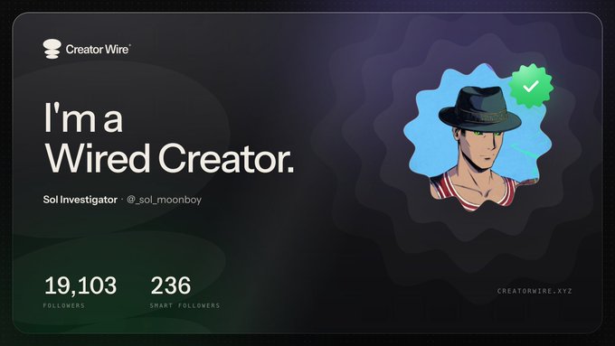 Digital badge card reading 'I'm a Wired Creator' from Creator Wire, featuring the username 'SolInvestigator' (@_sol_moonboy) with 19,103 followers and 236 smart followers, alongside a cartoon avatar of a man in a hat with a verified checkmark.