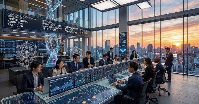 A team of financial professionals collaborates at a high-tech trading floor featuring digital screens and holographic displays, set against a Tokyo skyline at sunset. Visible text references "NOMURA & LASER DIGITAL" and a "1ST IN 4 YEARS" milestone, visually reinforcing the post about Laser Digital's groundbreaking entry into Japan's crypto market as the first new registered crypto asset exchange service provider in four years.