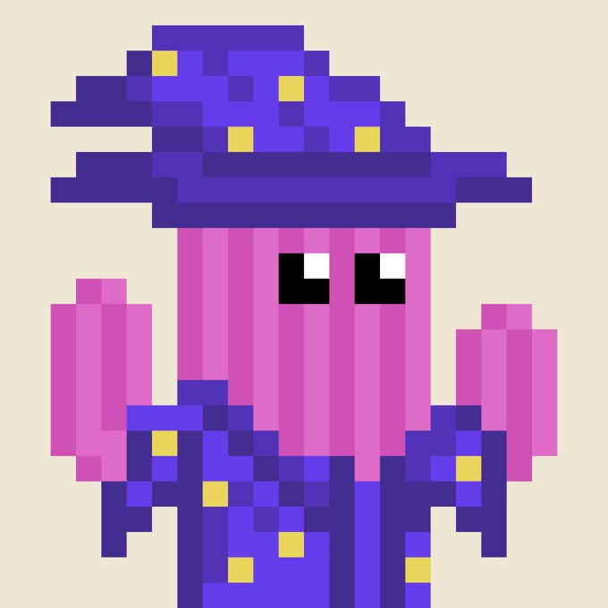 A pixel art character featuring a pink cylindrical body with googly eyes, wearing a purple and yellow wizard hat and robe.