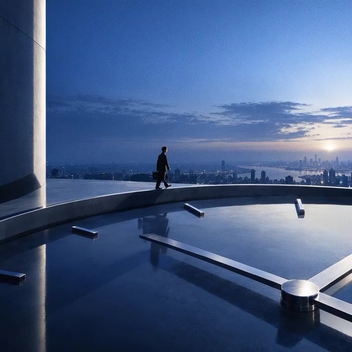 A businessman in a dark suit walks alone along the edge of a high-rise rooftop reflecting pool at dusk, with a sprawling city skyline stretching to the horizon under a deep twilight sky. The solitary figure against the vast, endless urban landscape embodies the post's message—ambition and forward momentum continuing long after the workday ends.