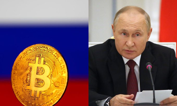 This image shows a Bitcoin symbol superimposed on the Russian flag, alongside a picture of Vladimir Putin, symbolizing Russia's recent move to legalize cryptocurrency payments in international trade.