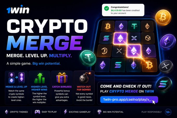Advertisement for '1win Crypto Merge,' a crypto-themed merging game where players match symbols for higher wins, catch bonuses, and watch out for bombs, with a call to play at 1win-pro.app/casino/play/_..