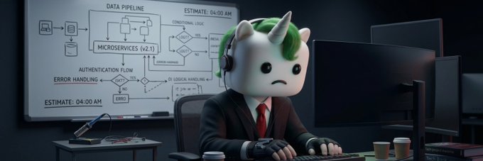 A digital illustration of a sad-looking cartoon character with green hair and horns wearing a headset, sitting at a computer desk in front of a whiteboard labeled 'DATA PIPELINE' and 'MICROSERVICES'.