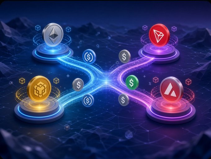 A digital illustration showing glowing cryptocurrency coins (Ethereum, Tron, Binance, and Avalanche) connected by flowing blue and pink light streams against a dark, low-poly background.