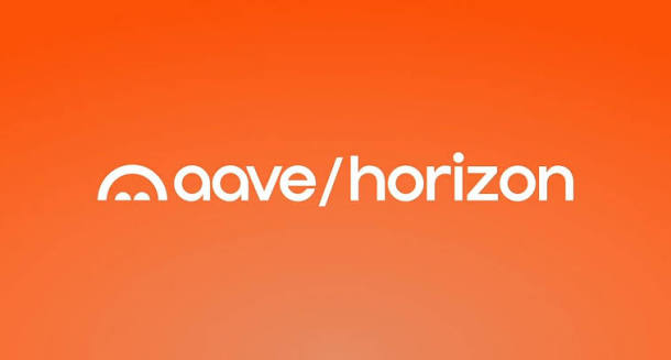 An orange background displays the white logo 'aave/horizon' featuring an arch design over the first 'a'.