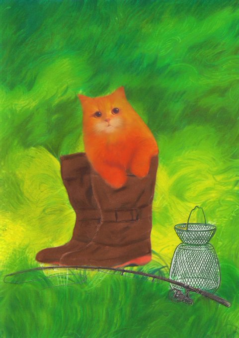 A painting of an orange cat sitting inside a brown boot, placed on a green grassy background with a fishing net and rod nearby.