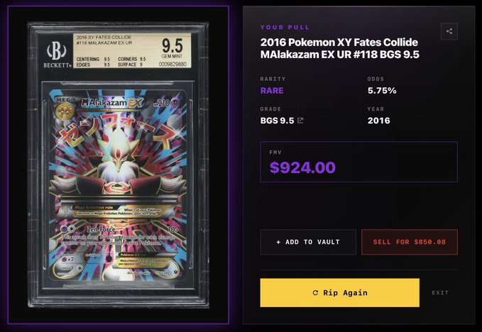 A graded 2016 Pokemon XY Fates Collide MAlakazam EX card #118 in a Beckett BGS 9.5 holder, valued at FMV $924.00 with a sell option of $859.08.