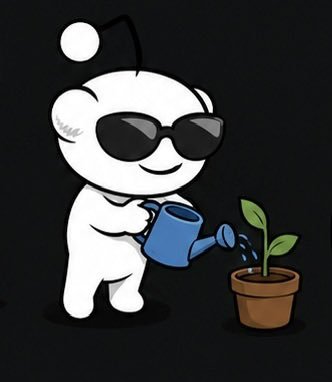 A cartoon Reddit mascot (Snoo) wearing sunglasses and watering a small potted plant with a blue watering can on a black background.
