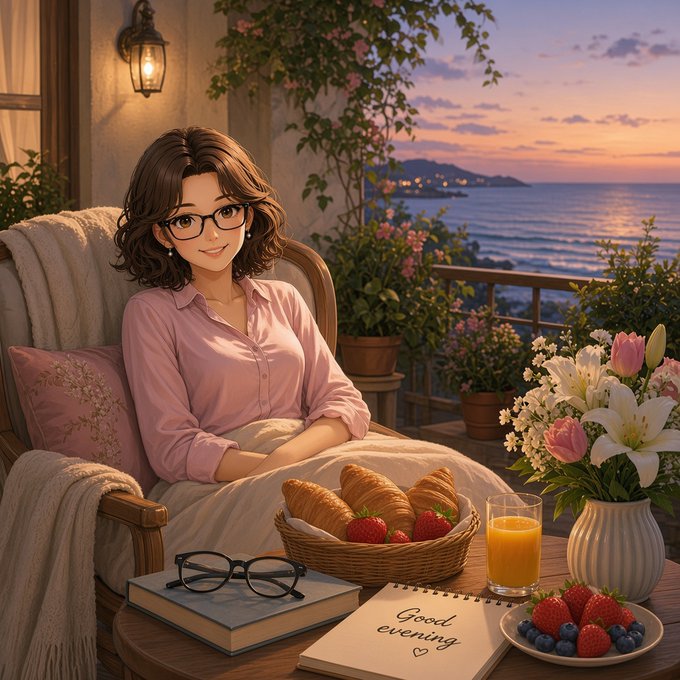 An anime-style illustration of a smiling woman with glasses sitting in a chair on a seaside balcony at sunset, with a table holding croissants, strawberries, flowers, and a notepad that reads 'Good evening'.