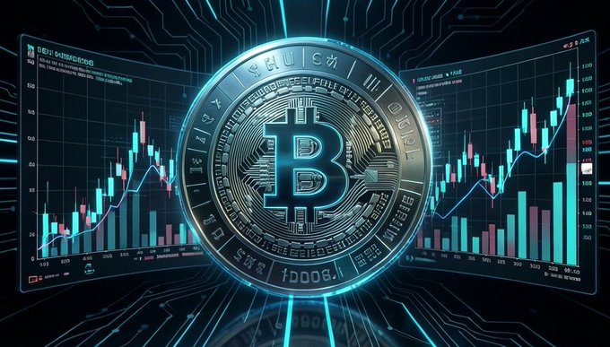 A digital illustration of a Bitcoin coin centered in front of two display screens showing red and green candlestick trading charts with financial data.
