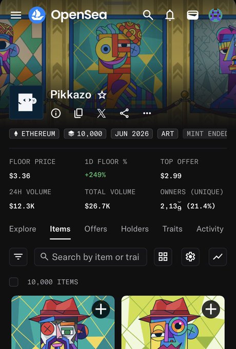 OpenSea NFT marketplace screenshot showing the 'Pikkazo' collection with 10,000 items on Ethereum, featuring a floor price of $3.36, 1D floor % of +249%, and 24H volume of $12.3K.
