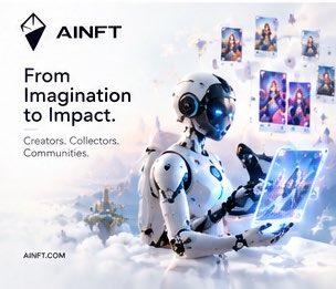 An advertisement for 'AINFT' featuring a white robot holding a tablet displaying images, with the text 'From Imagination to Impact. Creators. Collectors. Communities.' and 'AINFT.COM'.