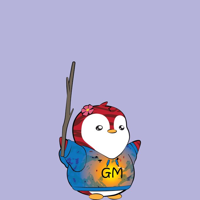 A cartoon illustration of a penguin character wearing a blue hoodie with a colorful design and the letters "GM" on it, holding a stick and sporting a pink flower on its head.