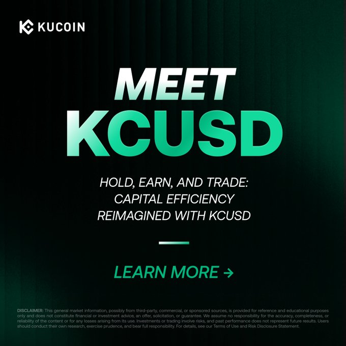 A KuCoin promotional graphic introducing "KCUSD," featuring bold white and green text on a black background with the headline "MEET KCUSD" and tagline "HOLD, EARN, AND TRADE: CAPITAL EFFICIENCY REIMAGINED WITH KCUSD," along with a "LEARN MORE" call-to-action button. The image supports the launch announcement by visually highlighting KCUSD as a new yield-bearing stablecoin offering for traders to earn passive returns between trades.