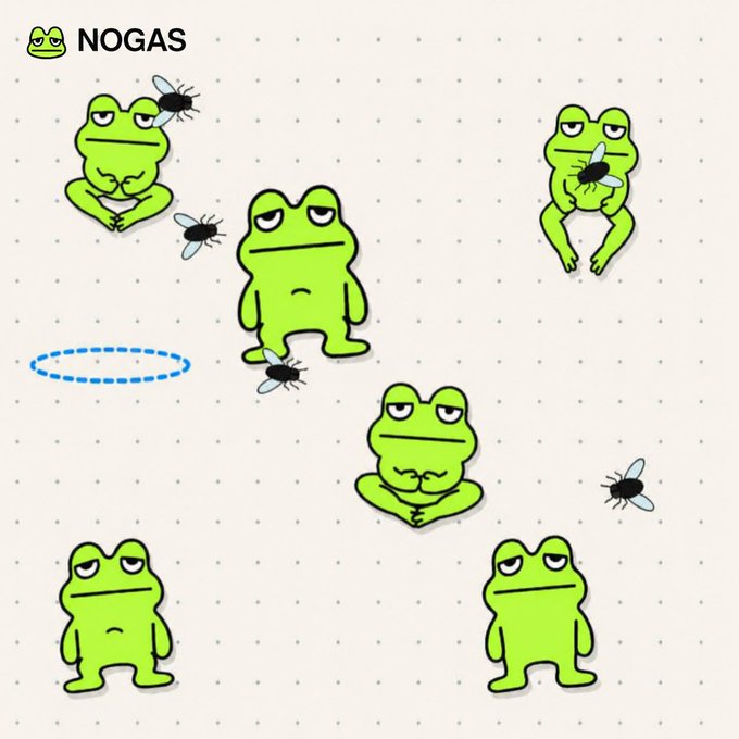 A promotional graphic shows several cartoon green frogs and flies on a dotted cream background, with the “NOGAS” name and frog logo in the top-left and a dashed blue oval on the left. It accompanies the post announcing Nogas’s upcoming presale on Blast and its planned 100% LP, using the “Kwebek kwebek frog” theme to suggest the project is “dropping in.”