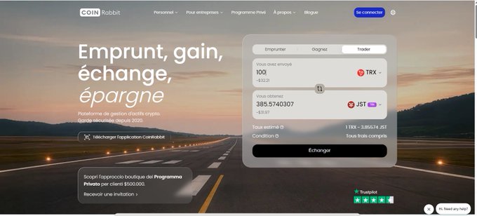 The image shows a website for CoinRabbit Loans, which is an online lending platform. The website features a road scene as its background, giving it a unique and creative design. The main focus of the image is a white text box that reads "Empruit, gain, change, eparange". This text box contains information about the services offered by CoinRabbit Loans, such as "Empruit, gain, change, eparange" which translates to "Empruit, gain, change and eparange", meaning they provide lending services. The website also has a link to their social media pages for more information on their offerings.