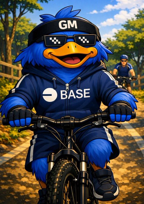 A cheerful blue duck mascot wearing pixelated sunglasses and a "GM" headband rides a bike, sporting a navy hoodie that reads "BASE" — perfectly matching the post's Good Morning greeting and motivational message about starting the day with focus and energy.