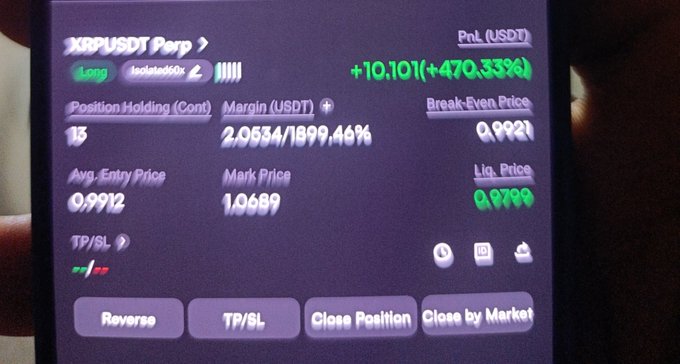 A smartphone displays a crypto trading position showing an XRP/USDT perpetual contract with 60x leverage, a $2.05 margin, and a substantial unrealized profit of +$10.10 (+470.33%) on a long position, prompting the post's skeptical question about whether such extreme leverage and high returns indicate any risk management was applied.