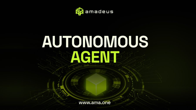 A graphic with a black and green color scheme displaying the text 'AUTONOMOUS AGENT' by Amadeus with the website 'www.ama.one' and a 3D cube logo.