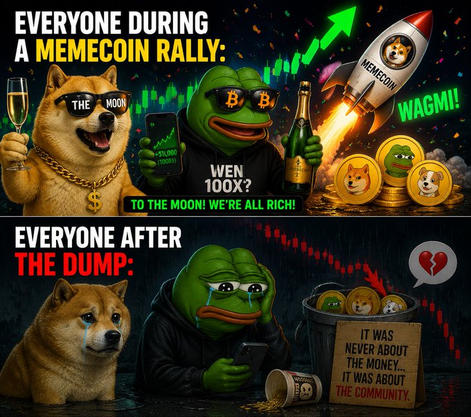 A two-panel meme contrasting 'EVERYONE DURING A MEMECOIN RALLY' showing happy Doge and Pepe characters celebrating rockets and 'TO THE MOON!' with 'EVERYONE AFTER THE DUMP' showing the same characters crying in despair with a sign reading 'IT WAS NEVER ABOUT THE MONEY... IT WAS ABOUT THE COMMUNITY.'