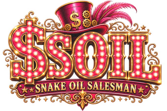 An ornate, carnival-style logo displays "$SOIL" in bold marquee lettering topped with a pink top hat adorned with dollar signs and feathers, with a banner below reading "SNAKE OIL SALESMAN." The flashy, vintage showman aesthetic complements the post's celebration of the SOIL token's 10x boost on DEX Screener, emphasizing the project's playful "snake oil" branding amid its rapid price surge.